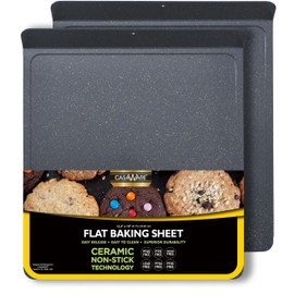casaWare 2pc Large Flat Baking Cookie Sheet, 12.5 x 14-inch with a 1.5-inch Handle, Ceramic Non-Stick Coating (Silver Granite)