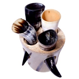 Ancient Style Drinking Viking Horns Set Of 4 Mead Ale Shot Glasses Multicolor Drinkware with Stand