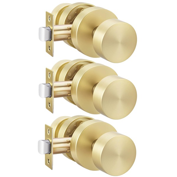 Haidms 3 Pack Brushed Gold Passage Door Knobs for Hallway