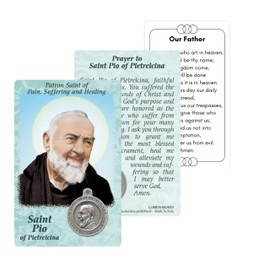 Holy Lines Saint St. Padre Pio Laminated Prayer Card with Medal and Our Father Prayer Card Set