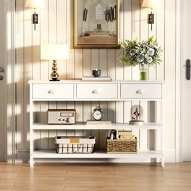 Furologee White Long 47" Console Sofa Table with 3 Drawers, Entryway Table with 3-Tier Storage Shelves, Display Shelf for Entry Way, Hallway, Couch, Living Room, Kitchen, Foyer