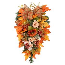 LVLFOR Fall Wreath for Front Door, Artificial Sunflower Wreaths, Artificial Autumn Hang Wreath with Peony Flowers Maple Leaves Berry Eucalyptus Leaves for Thanksgiving Day Indoor Decorations