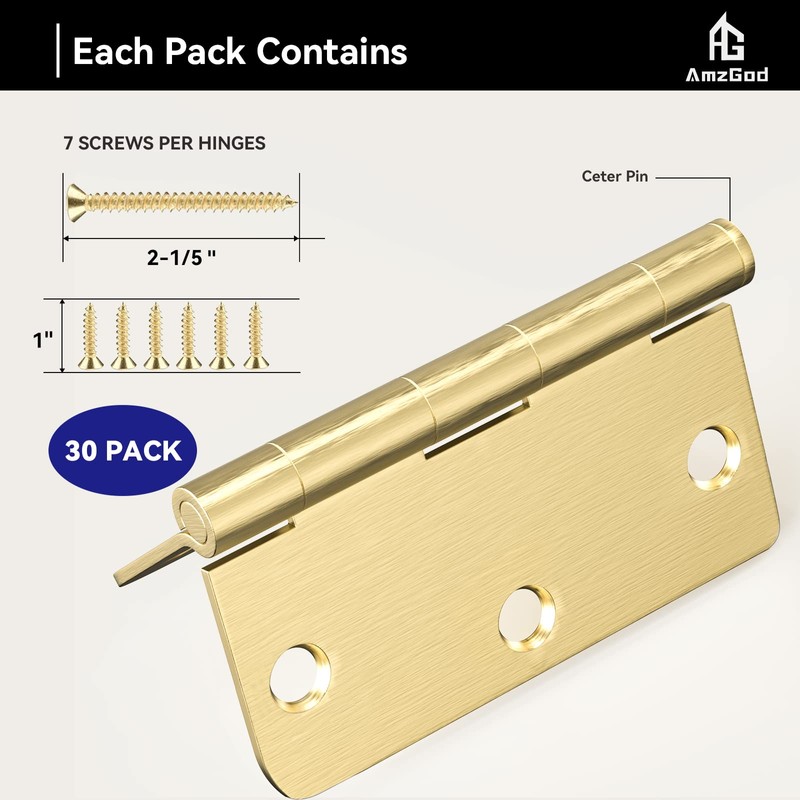 AmzGod Door Hinges Satin Brass - 30 Pack Gold Door