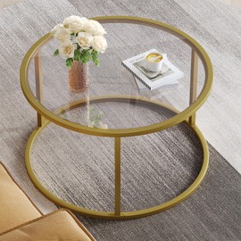 SAYGOER Small Glass Coffee Table Round Gold Coffee Table for Small Space Modern Simple Center Table with Gold Frame for Living Room Home Office, Easy Assembly