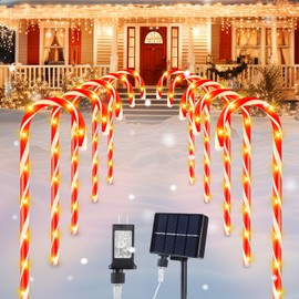 Solar Candy Cane Lights Outdoor Pathway, 28" Large Candy Cane Christmas Pathway Lights Outdoor with Solar Panel and Power Plug, Outdoor Christmas Decorations Yard, 10 Packs