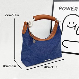 Trendy Women's Jean Shoulder Bag, Light Blue Denim Hobo Purse, Casual Slouchy Canvas Tote for Shopping School