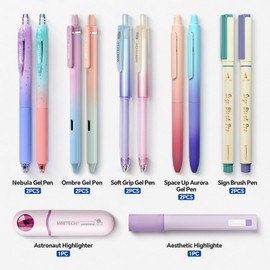 WRITECH Gel Ink Pens Journaling: Aurora Wonderland Pen Set, Gradient Barrels Black Ink Pens Pastel Highlighters Brush Markers, No Bleed Smooth Writing Drawing Gift for Students,Friends 12ct
