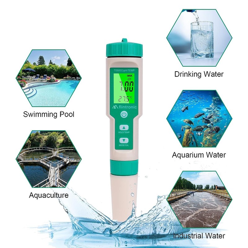 flintronic 4-in-1 PH Meter, PH/TDS/EC Temperature Tester with Backlight, 0-14