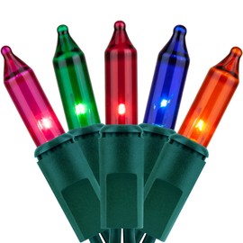 YULETIME 200 Multicolor Christmas Lights, Pack of 2 Strands of 21 ft 100 Count UL Certified Incandescent Mini String Light (Multicolor - Green Wire)