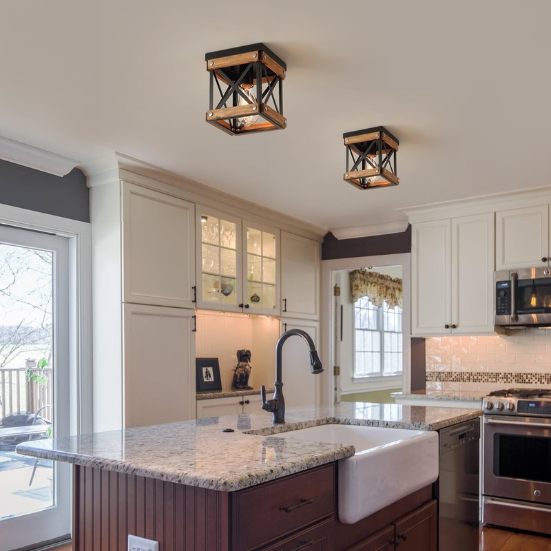 2 Pack Rustic Farmhouse Wood Flush Mount Ceiling Light Fixture