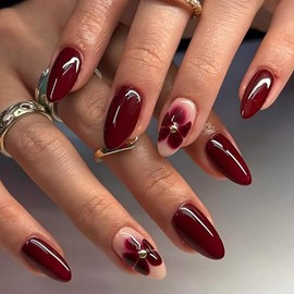 LunarCharm 24 Stück Weinrote Press On Nails Zum Aufkleben, Rote Blumen künstliche Nägel, Langlebige Fake Nails Für DIY Nagelkunst, Für Partys, Hochzeiten Und Mehr