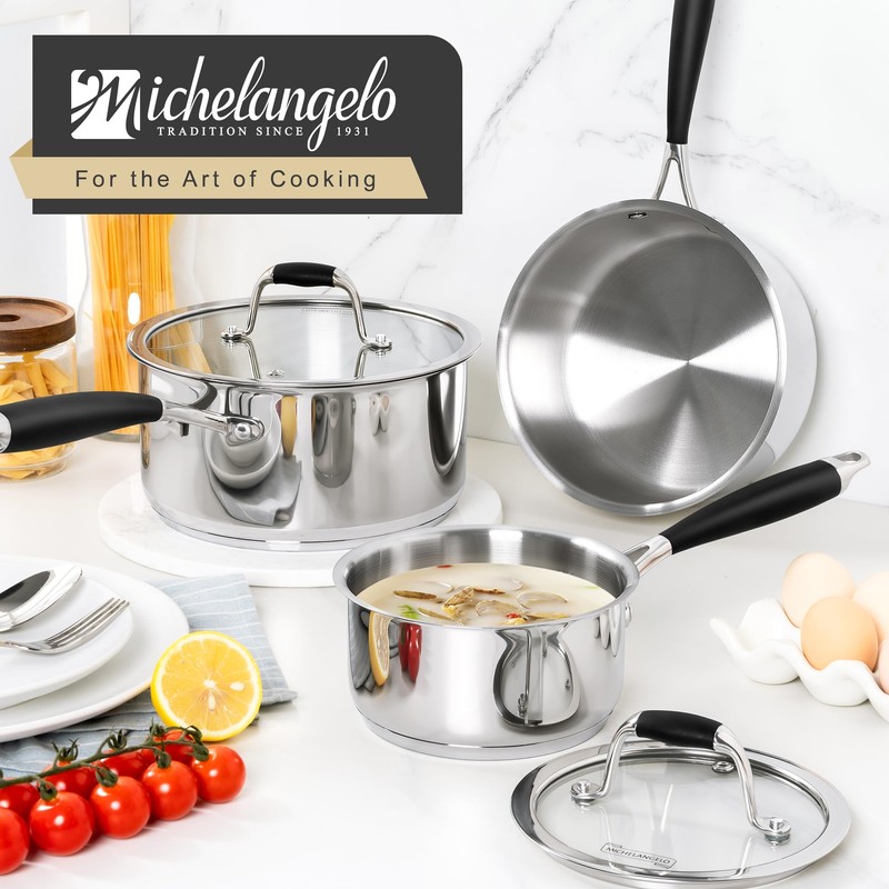 MICHELANGELO Triply Stainless Steel Saucepan with Lid 6 Pcs, Stainless