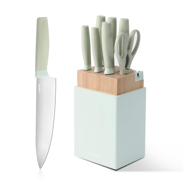 CAROTE Kitchen Knife Set with Block and Sharpener, Dishwasher Safe