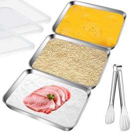 Aemygo 3 Set Stainless Steel Breading Trays Set with Lids, Dust Proof Breading Pans with Tong for Dredging Chicken Breasts，Marinating Meat, Food Prep Trays Oven & Dishwasher Safe