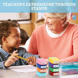 Ktxaby 8 Pcs Teacher Stamps for Classroom Grading,Teachers Self-Inking Stamps with Different Messages,Encouraging Signature Stamp for Homeschool & Teacher Supplies Comes with with Stamp Tray
