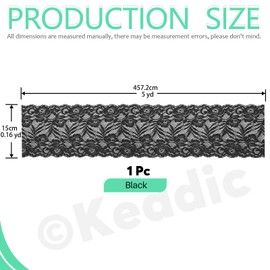 Keadic Pack of 12 5.9 Inch Wide 5 Yards Long Lace Elastic Trim Elastic Lace Fabric Stretch Flower Lace Ribbon Floral Pattern for Sewing Crafts DIY (Black)