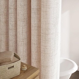 Awellife 84 Inch Extra Long Beige Linen Shower Curtain Set with 12 Durable Hooks - Textured Fabric Heavy Cloth Shower Curtains for Bathroom