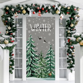 Buryeah Winter Door Cover Front Door Banner Backdrop Merry Christmas Tree Door Decor Xmas Festival Holiday Fabric Backdrop Door Cover for Outdoor Party Supplies, 70.9 x 35.4 Inch(Winter)