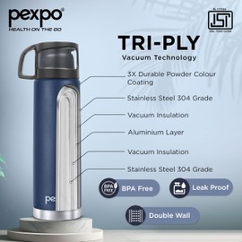Pexpo Fererro |ISI Certified|Vacuum Insulated Hot & Cold Stainless Steel Flask|Jute Bag - 33 oz | 1000 ml Denim Blue |Steel Bottle|Leak Proof|School & Trekking|Office|Men & Women