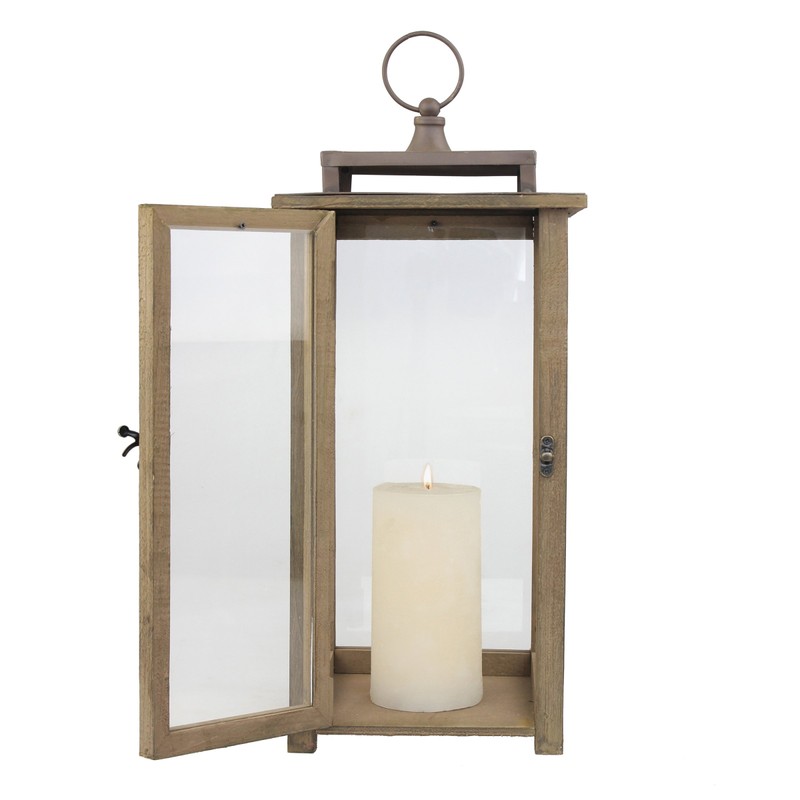 Stonebriar 18 Inch Rustic Wooden Candle Hurricane Lantern, For Table