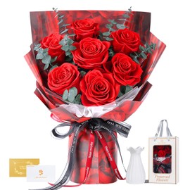 7 Roses Bouquet with Vase, Forever Bouquet Flowers, Eternal Preserved Real Rose, Gifts for Woman Wife Girlfriend, Gifts for her on Birthday, Anniversary, Valentine's Day, Mother's Day, Christmas（Red)