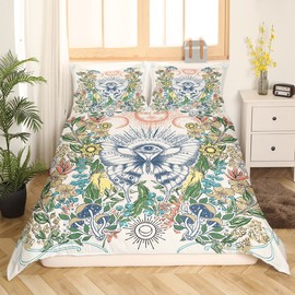 Hippie Butterfly Bed Set Sun And Moon Duvet Cover, Groovy Floral Bedding Set Double Sunflower Mushroom Comforter Cover, 60S 70S Vintage Flower Bed Cover, All Seeing Eyes Decor (Zipper Closure)