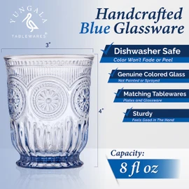 Yungala Blue highball glasses, set of 6, volume - 10oz, dishwasher safe vintage glassware made from blue glass, not coated or sprayed colored drinking glasses