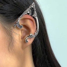 Prosy Gothic Elf Ear Cuffs Silver Earrings Cosplay Vintage Ear Studs Ear Clip Earrings for Teenage Women(2PC) (Silver)