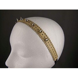 Tan Beige faux leather rivet spike stud headband stretch elastic spiked studded