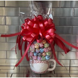 Handmade Candy Bouquet / Basket Baseball Mug With Dum Dum Lollipops & Red Bow