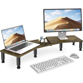 AX WABER Dual Monitor Stand Riser, Monitor Stand with Adjustable Length and Angle, Wood Monitor Stand for Desk, Monitor Riser for 2 Monitors with Storage Space