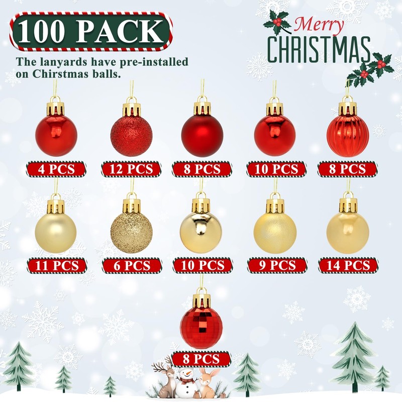 100 Pcs Mini Christmas Ball Ornaments Set, 1.18'' Red and