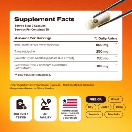 Supplement with Quercetin, TMG & Resveratrol 1000 mg , TMG & Resveratrol – Supports Cellular Energy & NAD+ Levels – Dietary Vitamin Formula