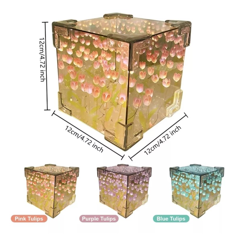Jextech Cubo Tulipanes Infinito Lámpara Noche Cubo Espejo Romántico