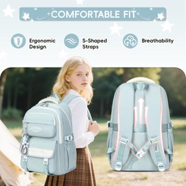 Tanou School Backpack Teenager Girls Backpack School Large School Bag for Girls 4th 12th Grade Waterproof Casual Daypack for Primary School Secondary and University, blue