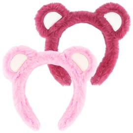 WHAVEL 2 Pcs Bear Ears Headband, Plush Animal Ears Headband Bear Headband Spa Face Wash Headband Cute Ears Head Band Bear Costume Party Hair Accessories for Adult Women Kids (Pink,Rose)