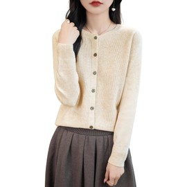 Chanyarn Women's Crew Neck 100% Merino Wool Cardigans 2024 Spring Plain Long Sleeve Seamless Cardigans, beige, M