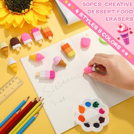 PerKoop 50 Pcs Ice Cream Erasers for Kids Pencil Erasers Fun Dessert Food Erasers Cute Eraser Ice Cream Party Favors for Children Kids Reward Back to School Classroom Supplies
