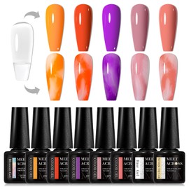MEET ACROSS Gel Nail Polish Set 8 Pcs, 5 Colors Red Purple Orange Gel Polish with Blooming Gel and Base Top Gel Nail Designs for DIY Color Flower Watercolor Magic Beauty Gift