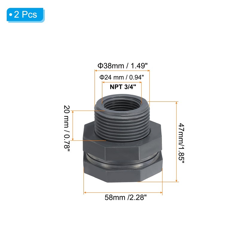 PATIKIL NPT 3/4 PVC Bulkhead Fitting, 2 Pack Double Threaded