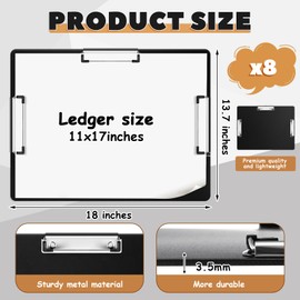 Tenceur 8 Pcs Extra Large 11x17 Clipboard - Horizontal Three Clip Plastic Clipboard for School, Office, Home & Teachers
