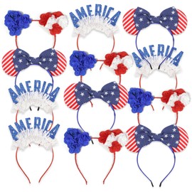 Needzo Patriotic 4th of July Headband Assortment, USA America Headbands with Stars Stripes Flowers Bows and Glitter, Red White Blue Accessories for Parades Parties Independence Day (Pack of 12)