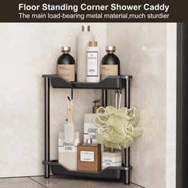 Orimade Rustproof 2 Tier Floor Standing Corner Shower Caddy Organizer, Plastic Metal Splicing Floor Corner Shelf Rack Stands for Bathroom, Black