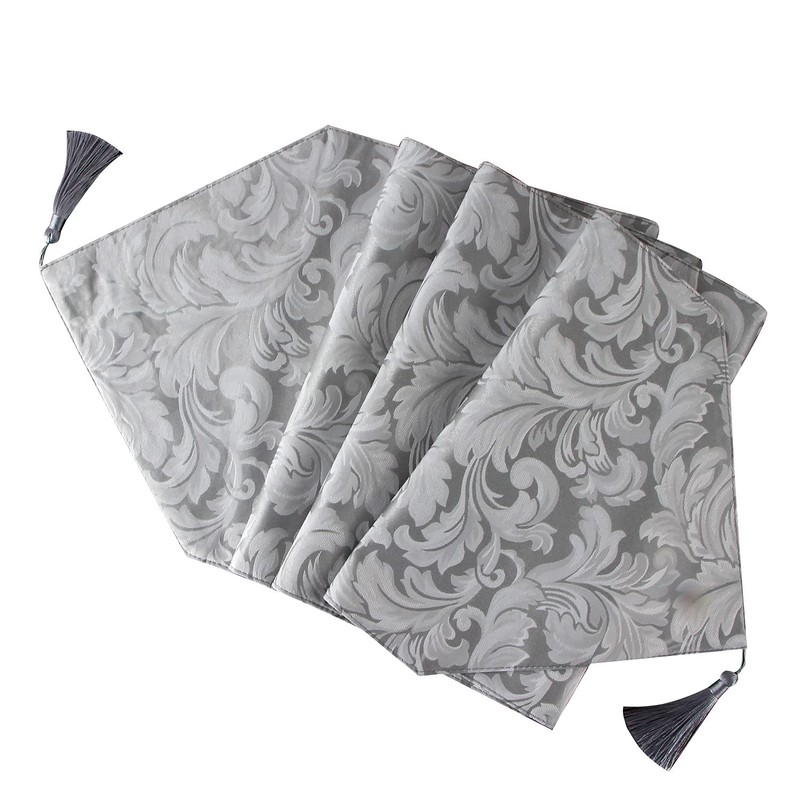 EHouseHome Jacquard Damask Reversible Silver Grey Table Runners with Tassels