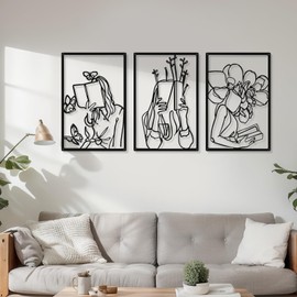 CHENGU 3 Pieces Metal Minimalist Abstract Woman Wall Art Line Drawing Wall Art Decor Single Line Female Home Hanging for Kitchen Bathroom Living Room