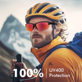MMOWW Polarized Cycling Glasses Sports Sunglasses for Men TR90 Frame Semi Rimless UV400 Protection Running Driving Fishing, Black/Red