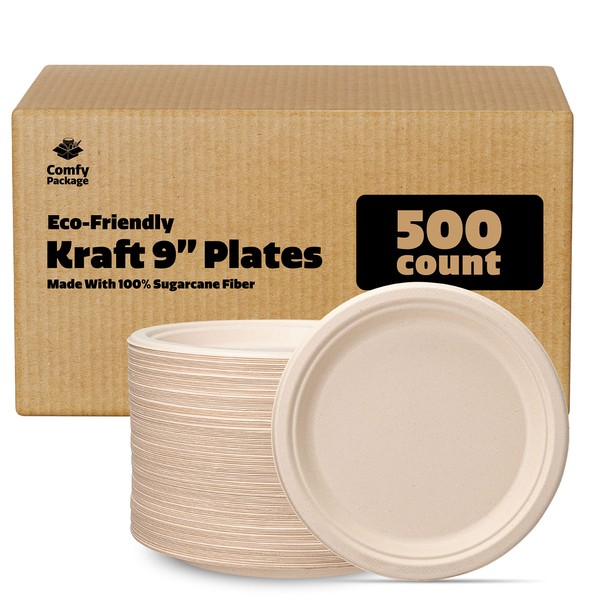 Comfy Package [Case of 500 100% Compostable, 9 Inch Heavy-Duty Plates, Eco-Friendly Disposable Sugarcane Paper Plates - Brown Unbleached