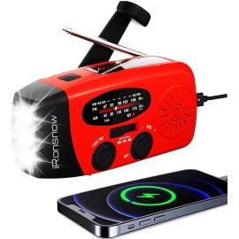 iRonsnow Solar Hand Crank Weather Radio AM/FM NOAA, LED, SOS, USB Charger Red