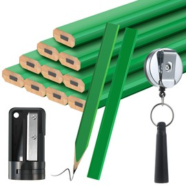 Hohean 14 Pcs Carpenter Pencils, 7 Inches Flat Octagonal Hard Black Woodworking Construction Pencils Heavy Duty with Pencil Sharpener and Retractable Pull Pen Holder for Contractor Carpentry(Green)