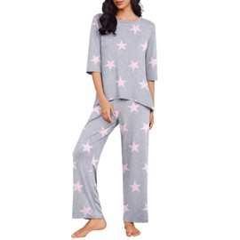 Ekouaer 3/4 Sleeve Pajamas for Women Set 2 Pieces Lounge Sets Comfy Pj Sets Loungewear Set with Pockets Grey Star XX-Large